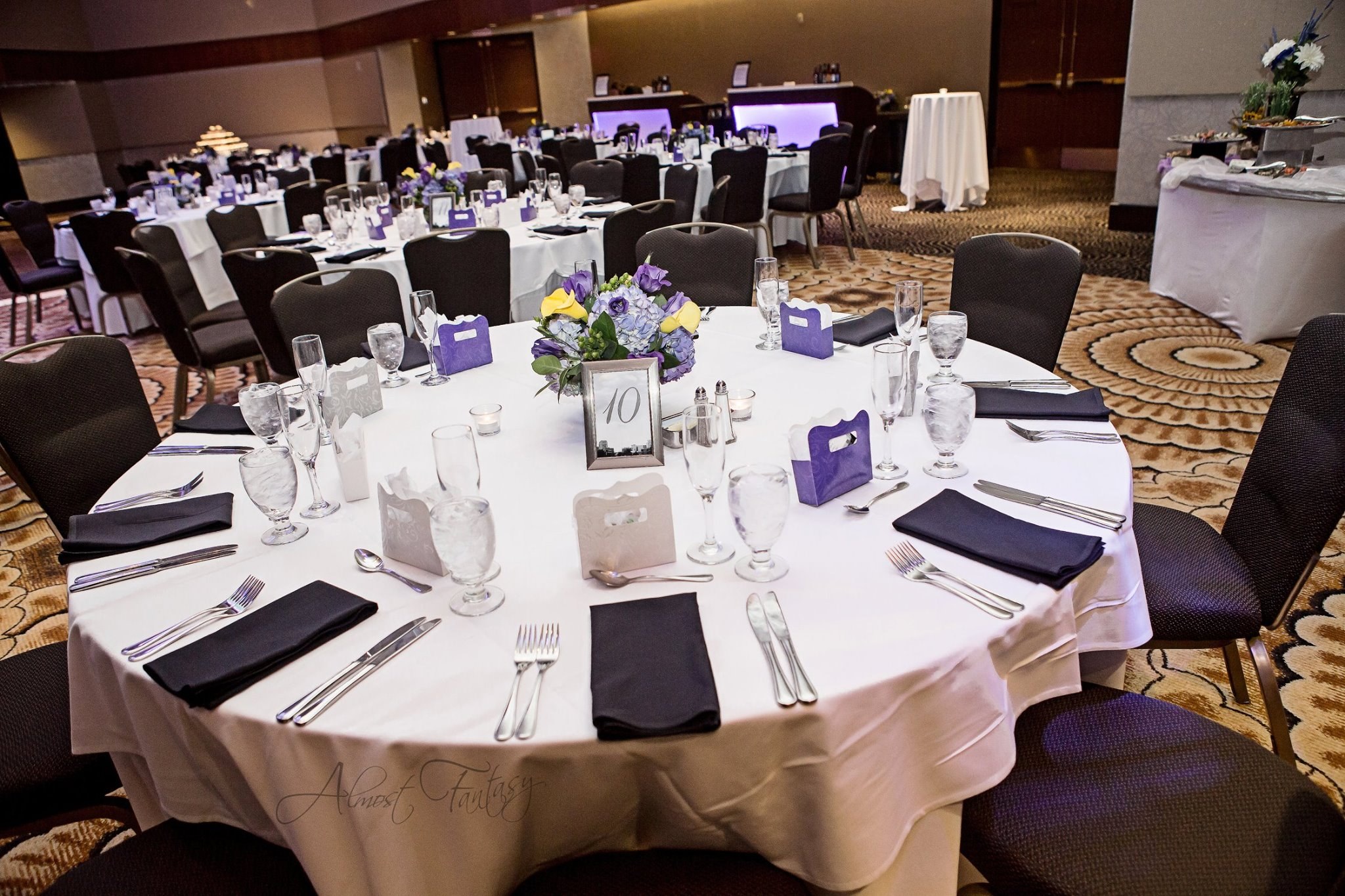 Arcadia Ballroom Reception Table Setup, Purple